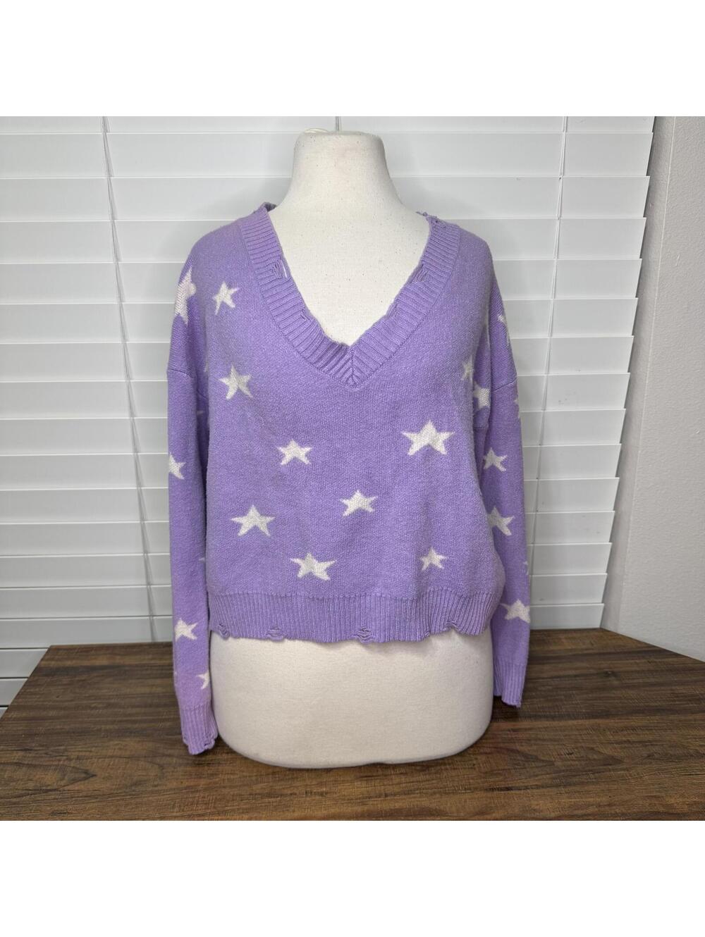 Fearlessly Purple Star Print V-Neck Sweater Size Large
